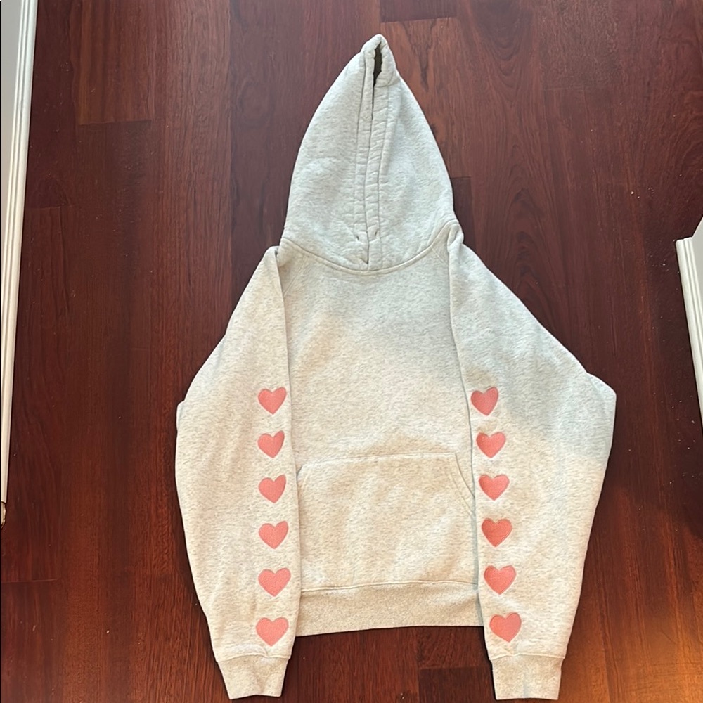 Dandy Light Grey Hoodie with Pink Heart Sleeves and Embroidery